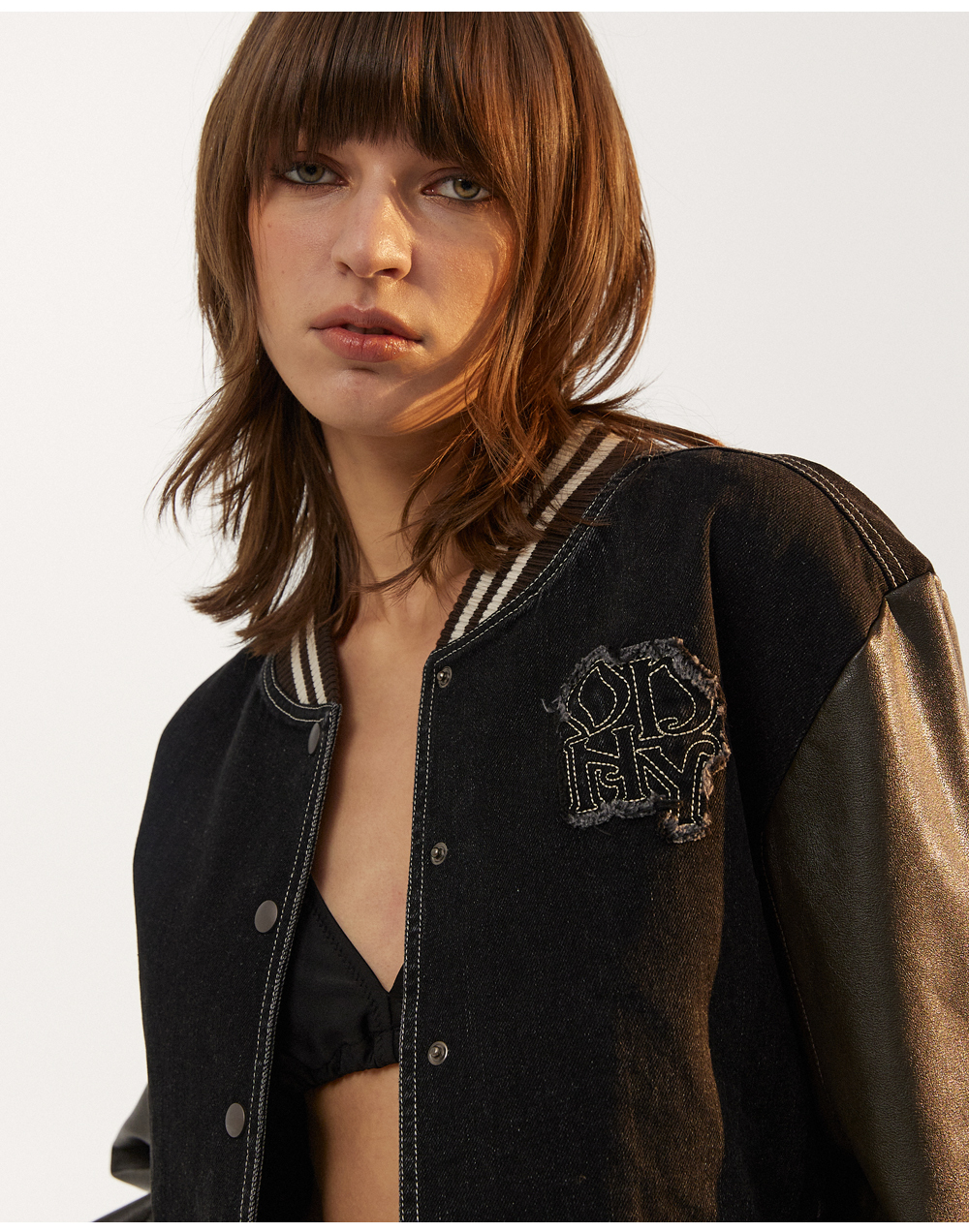 MUSINSA公式 | ORDINARY HOLIDAY Denim leather Varsity Jumper MUSINSA公式 | ORDINARY HOLIDAY Denim leather Varsity Jumper