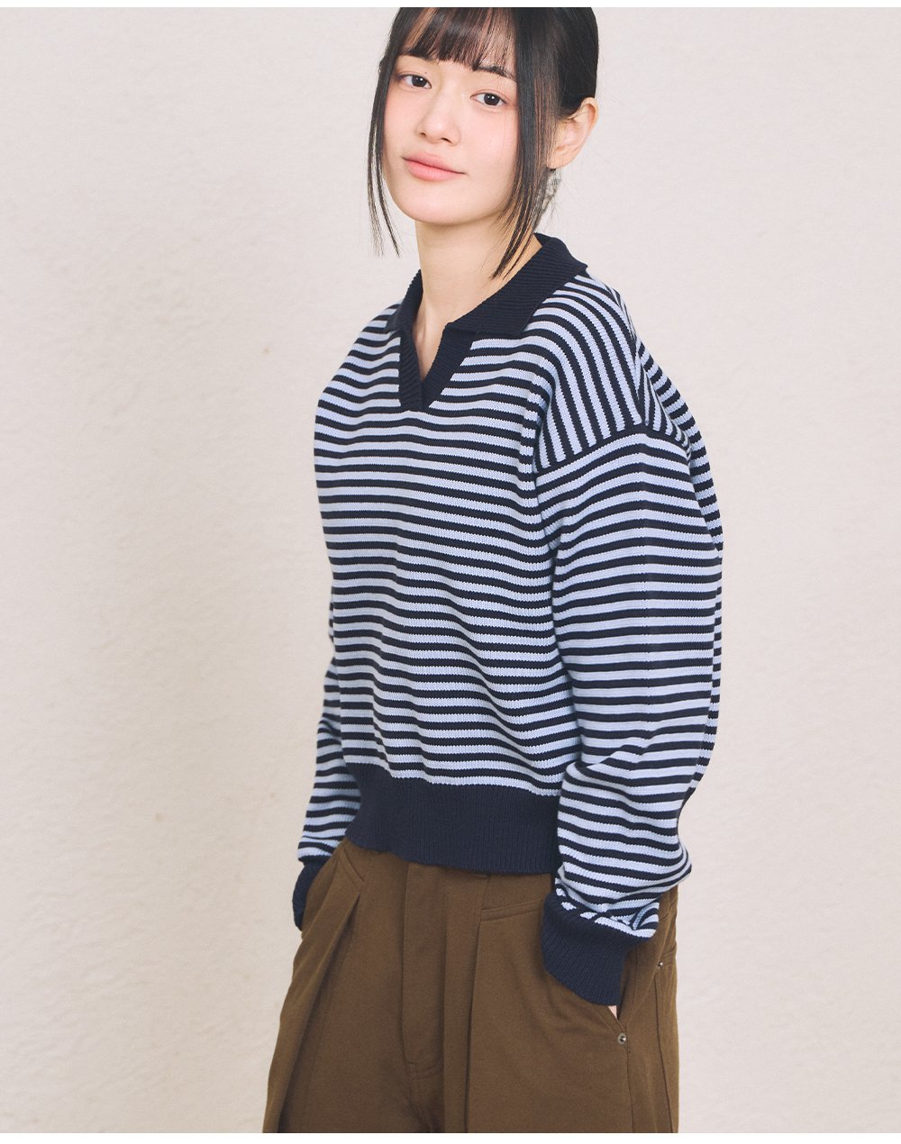 【KOOLOSET】Collar Over Stripe Knit MUSINSA | COMONINOZ BOLD STRIPE COLLAR KNIT [NAVY]