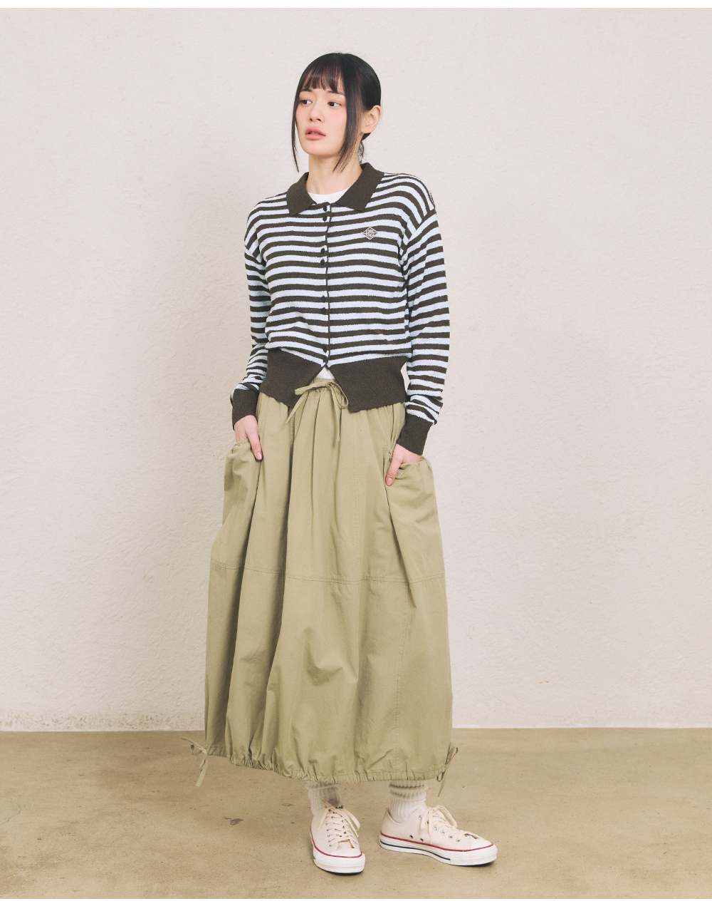 MUSINSA | COMONINOZ W RIBBON BALLOON SKIRT [KHAKI]