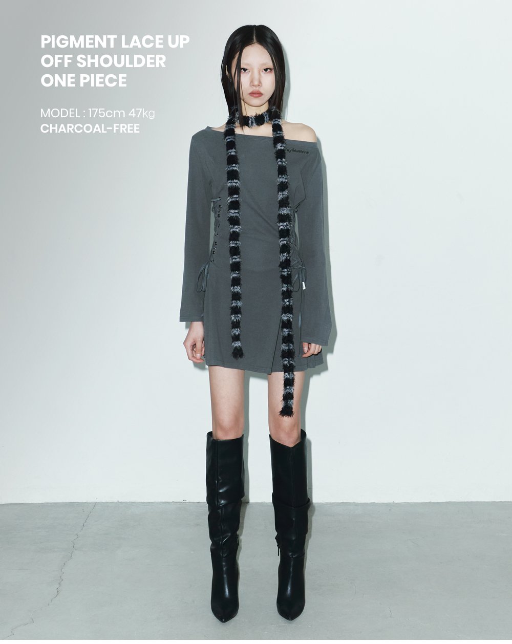 韓国人気 ORDINARY HOLIDAY OFF SHOULDER ONE PIECE チャコール MUSINSA公式 | ORDINARY HOLIDAY Pigment lace-up off-shoulder
