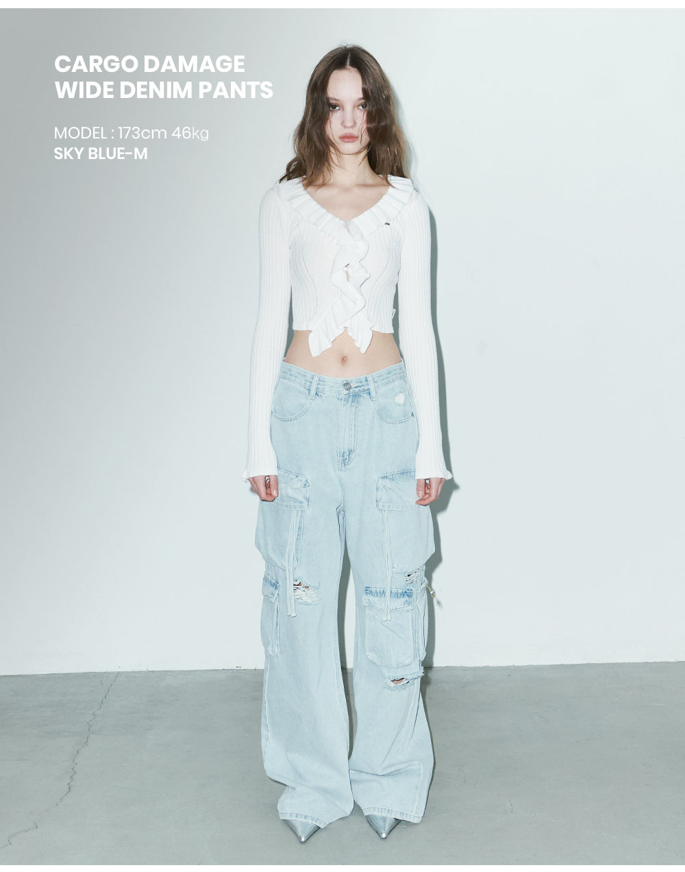 MUSINSA | ORDINARY HOLIDAY Cargo Damage Wide Denim Pants [SKY BLUE]