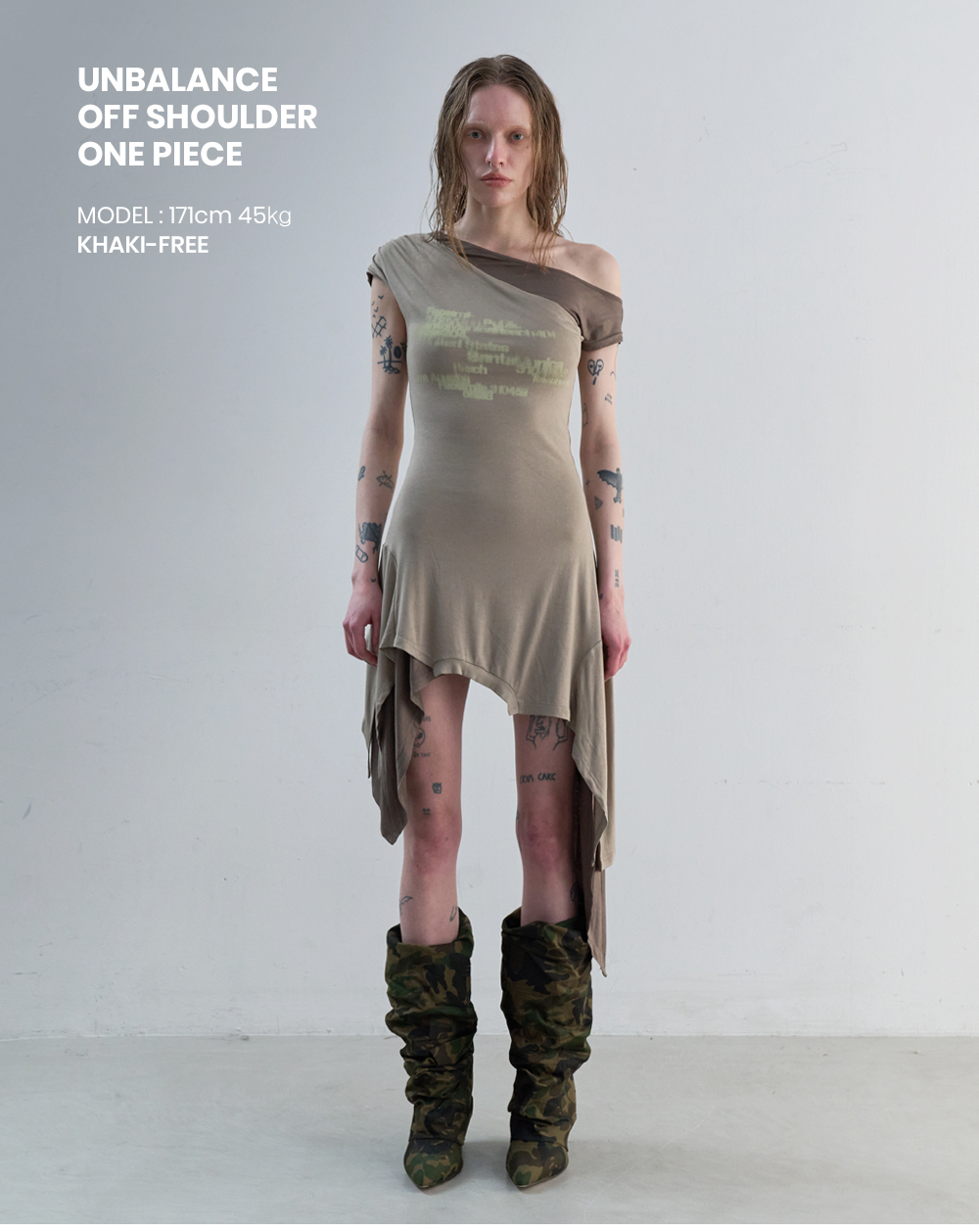 韓国人気【ORDINARY HOLIDAY】OFF SHOULDER ONE PIECE カーキ UNBALANCE OFF SHOULDER ONE PIECE [KHAKI] - ORDINARY HOLIDAY