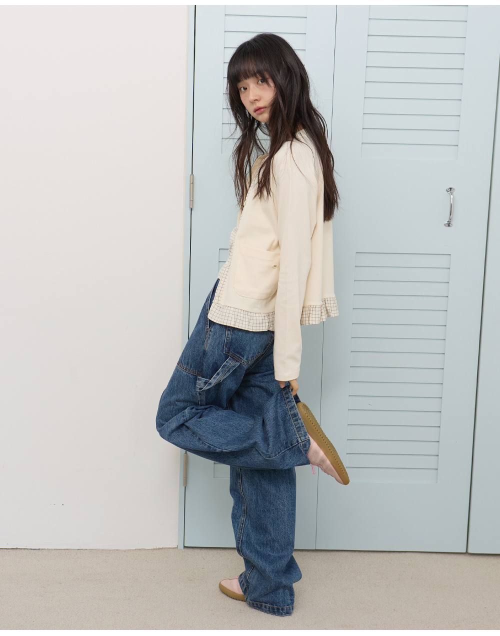COMONINOZ | W CHECK FRILL CARDIGAN [BEIGE]