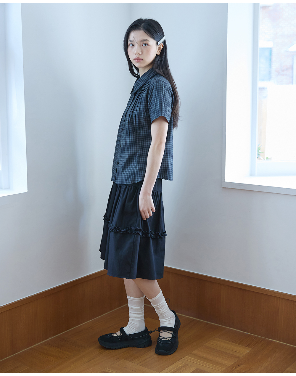 COMONINOZ | W PINTUCK CHECK HALF SHIRTS